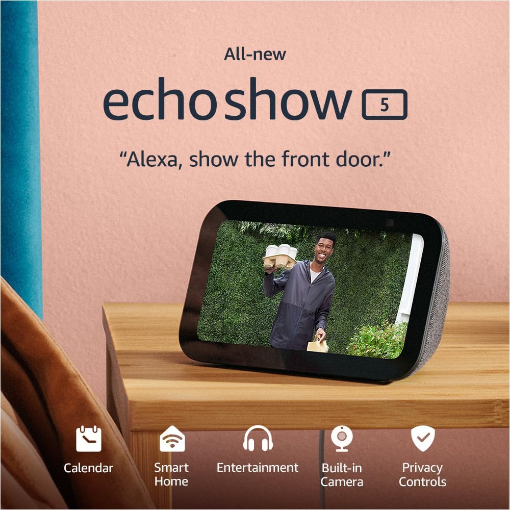 Amazon Echo Show smart display with Alexa, showing a touchscreen interface for voice commands and video calls