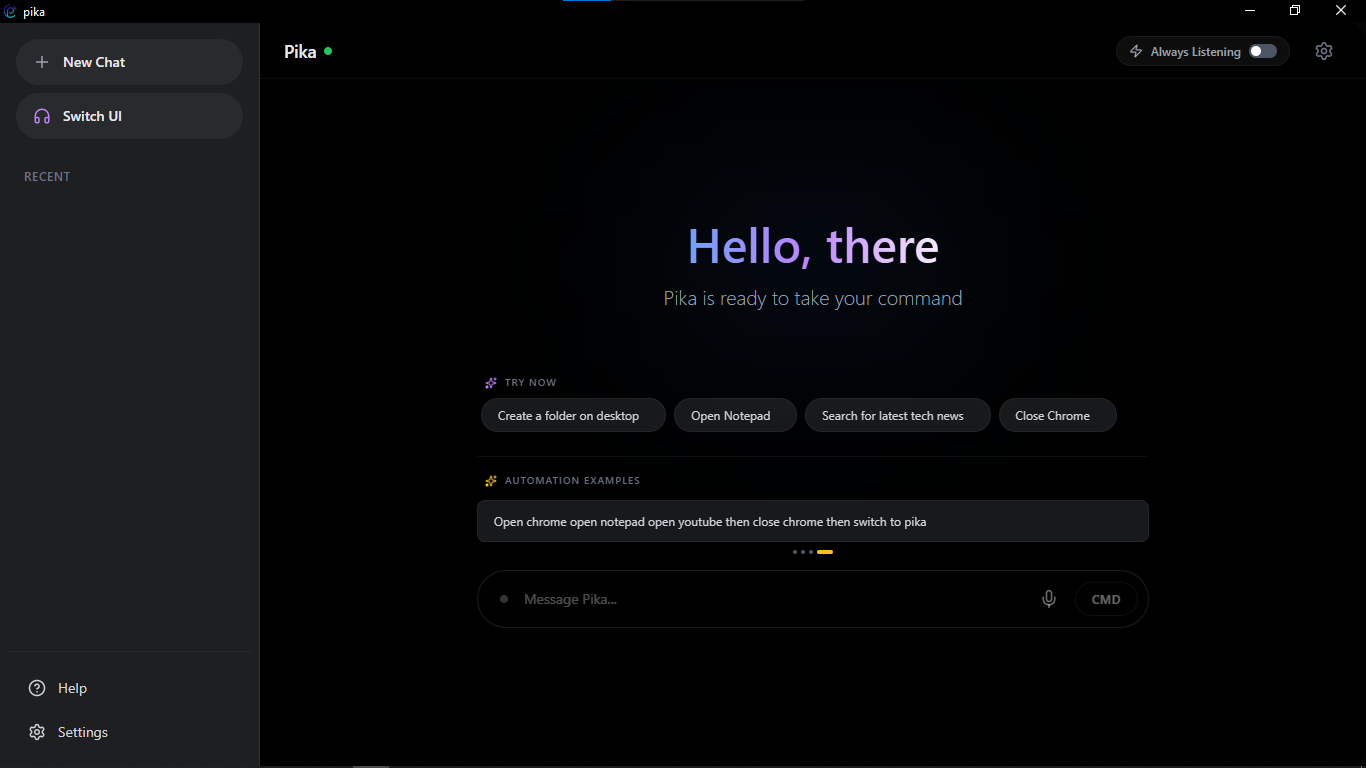 Pika AI desktop assistant interface with voice command input and task automation features
