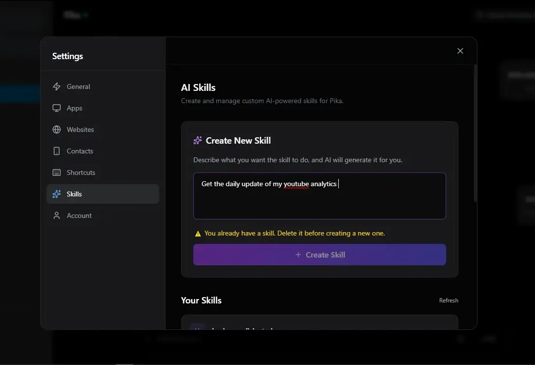 Pika AI automation skill builder interface showing custom voice command automation setup